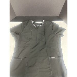 Jaanuu Women Scrub Top XL Black Short Sleeve V Neck‎ 1/4 zip  Pullover Pockets
